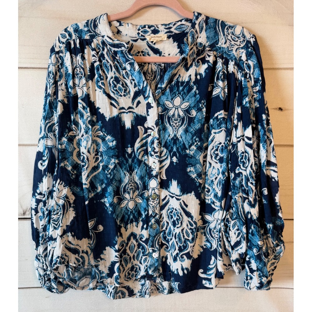 Haute Hippie Blue White Damask Batik Print Button Down Blouse Boho Rayon L